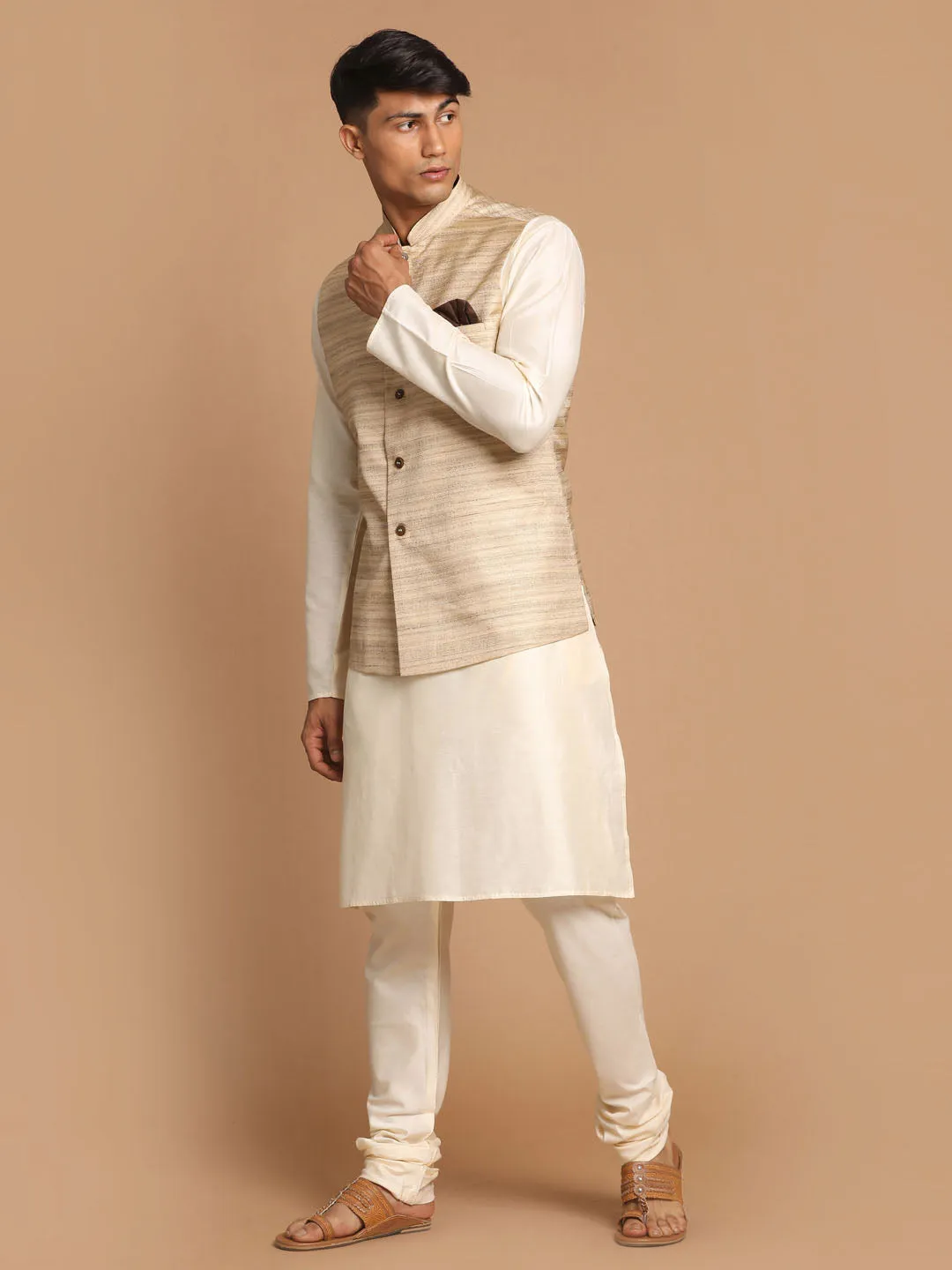 Jashvi Men's Beige Textured Slim-Fit Nehru Jacket With Cream Colored Kurta Pajama Set