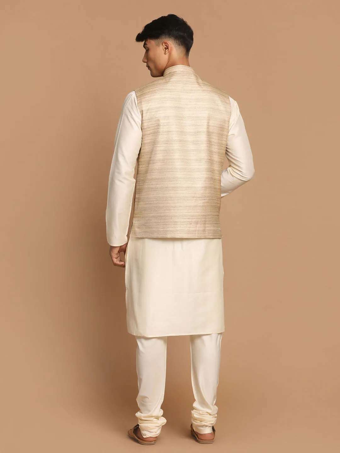 Jashvi Men's Beige Textured Slim-Fit Nehru Jacket With Cream Colored Kurta Pajama Set