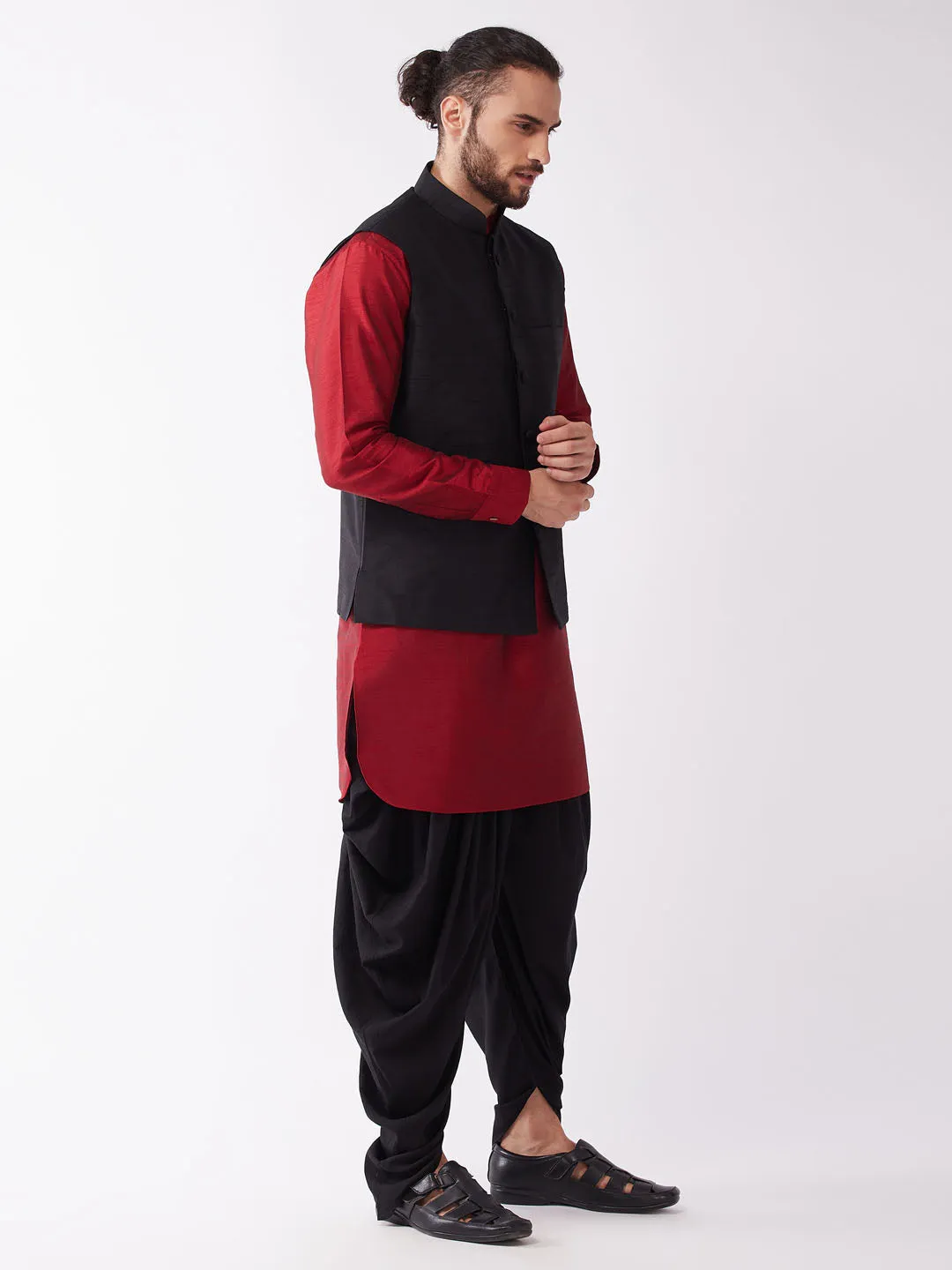 Jashvi Men's Black And Maroon Silk Blend Ethnic Jacket, Kurta and Dhoti Set