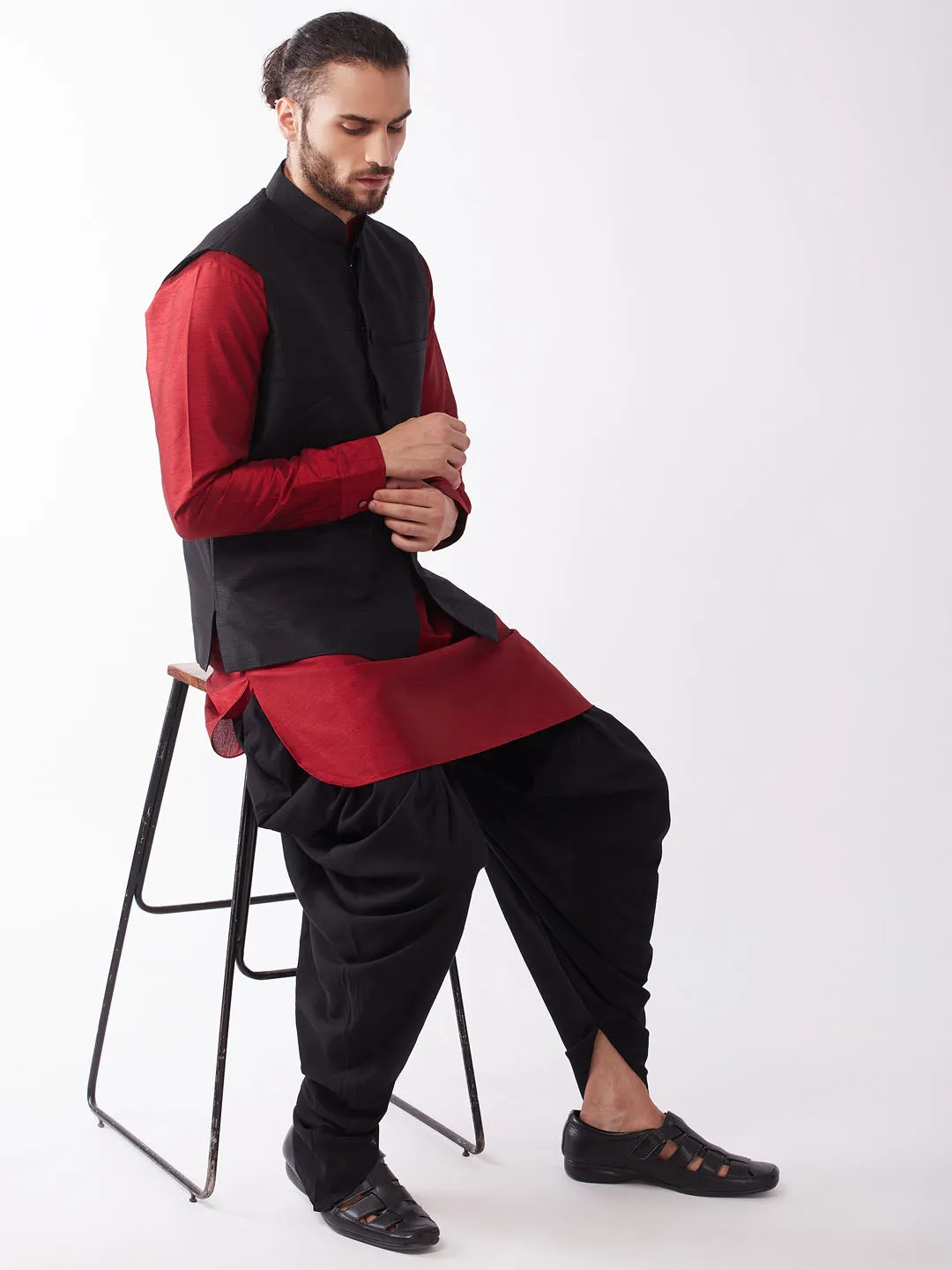 Jashvi Men's Black And Maroon Silk Blend Ethnic Jacket, Kurta and Dhoti Set