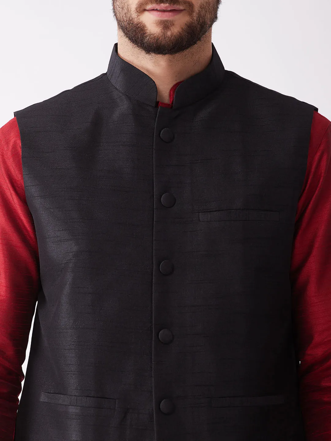 Jashvi Men's Black And Maroon Silk Blend Ethnic Jacket, Kurta and Dhoti Set