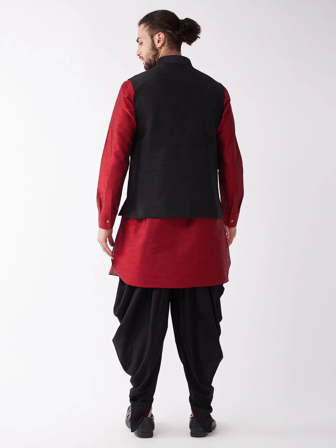 Jashvi Men's Black And Maroon Silk Blend Ethnic Jacket, Kurta and Dhoti Set