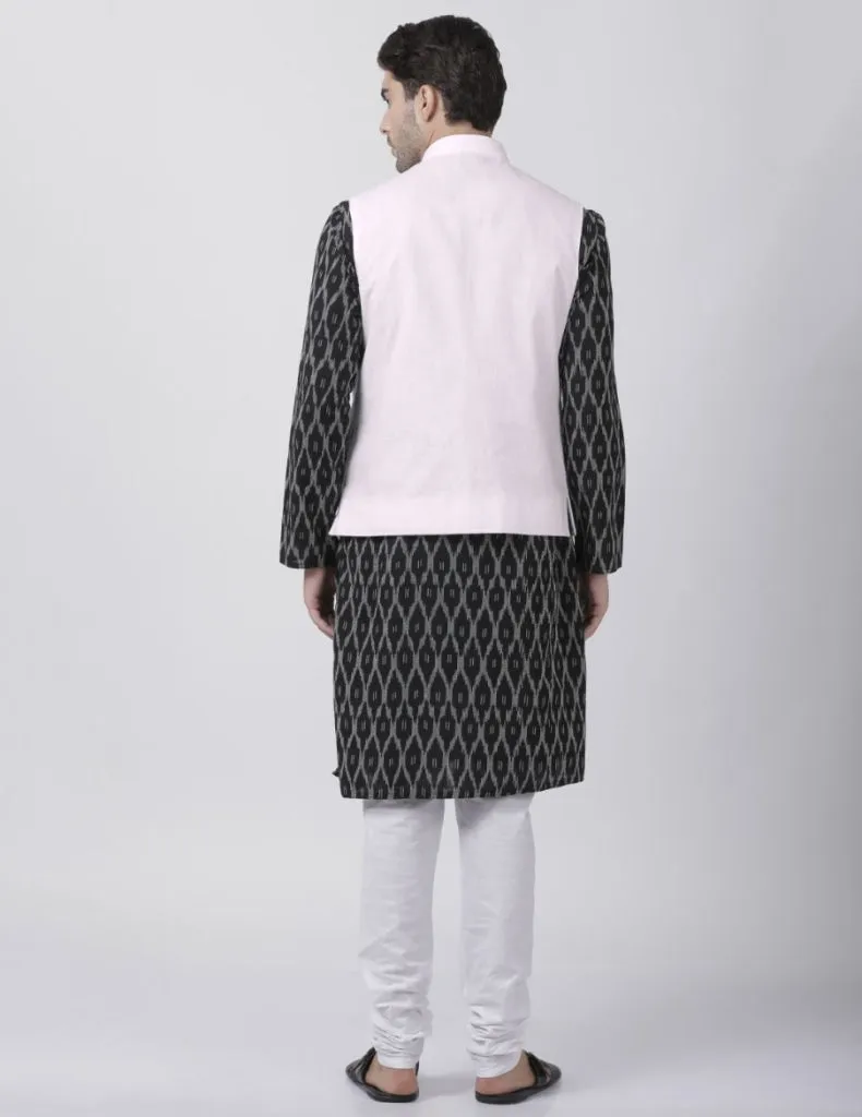 Jashvi Men's Black Cotton Blend Kurta, White Ethnic Jacket and Pajama Set