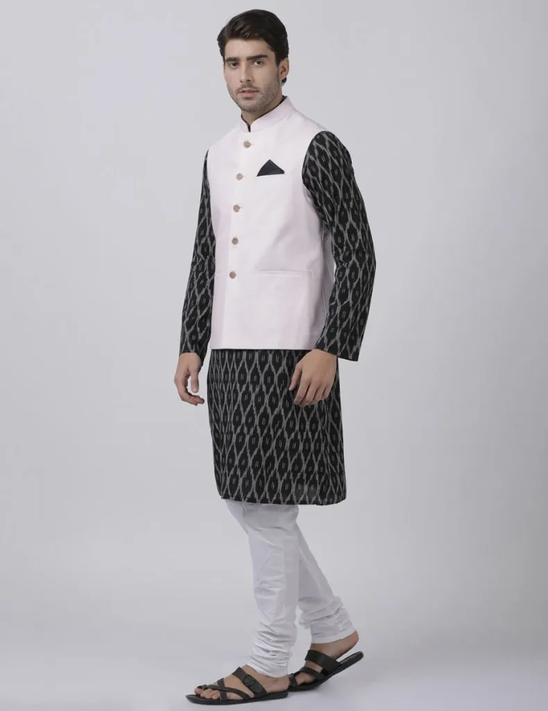 Jashvi Men's Black Cotton Blend Kurta, White Ethnic Jacket and Pajama Set