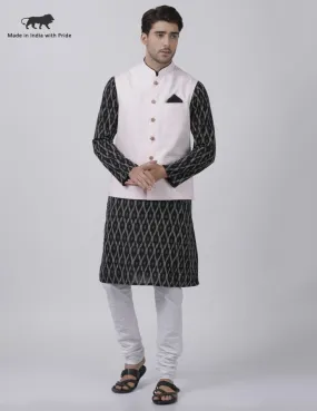 Jashvi Men's Black Cotton Blend Kurta, White Ethnic Jacket and Pajama Set