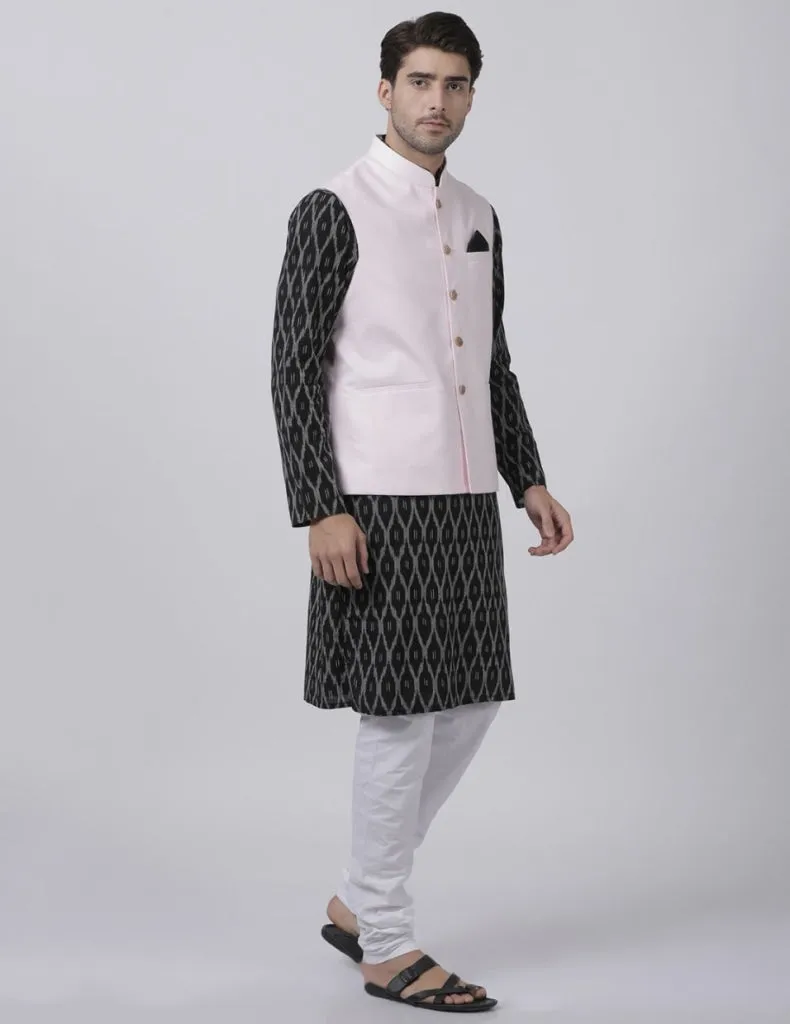 Jashvi Men's Black Cotton Blend Kurta, White Ethnic Jacket and Pajama Set