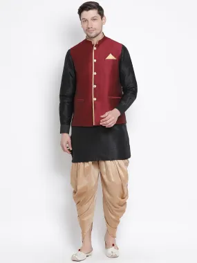 Jashvi Men's Black Cotton Silk Blend Ethnic Jacket, Kurta and Dhoti Pant Set