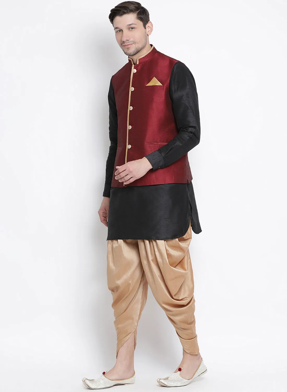 Jashvi Men's Black Cotton Silk Blend Ethnic Jacket, Kurta and Dhoti Pant Set