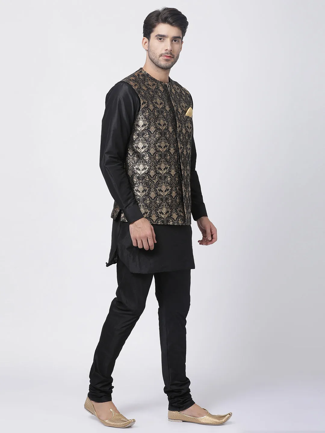 Jashvi Men's Black Cotton Silk Blend Ethnic Jacket, Kurta and Pyjama Set