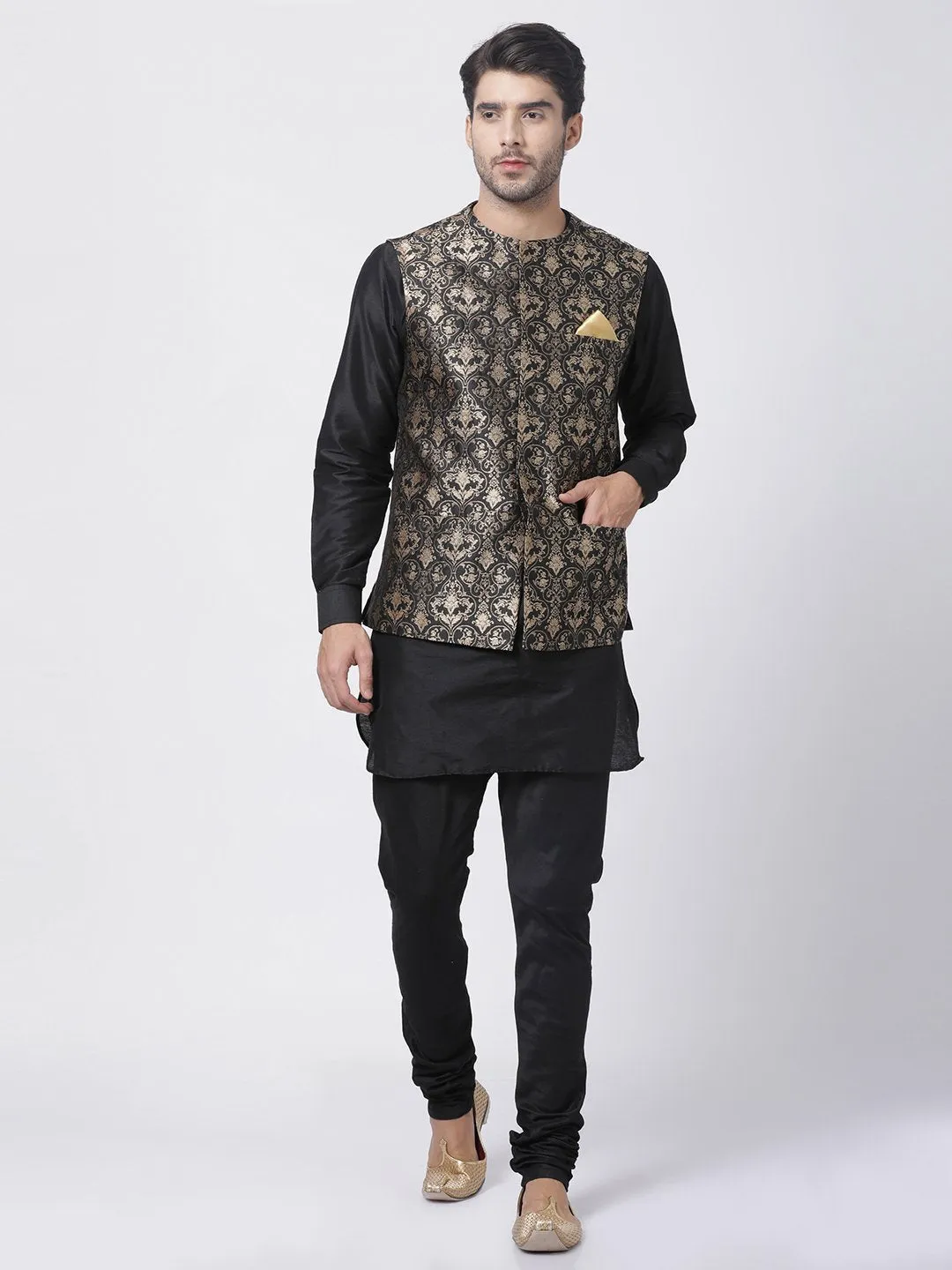 Jashvi Men's Black Cotton Silk Blend Ethnic Jacket, Kurta and Pyjama Set