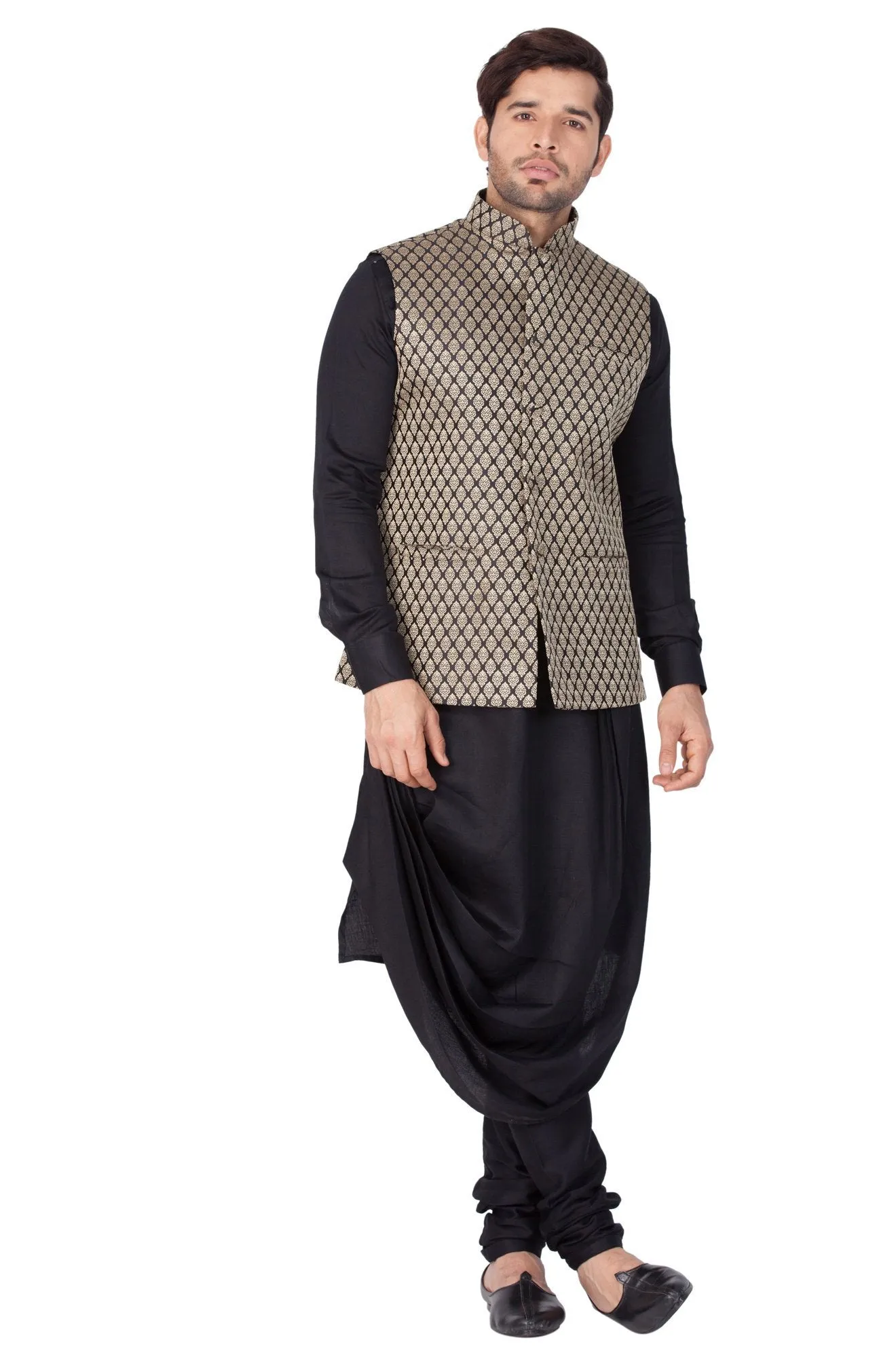 Jashvi Men's Black Cotton Silk Blend Kurta, Ethnic Jacket and Churidar Set