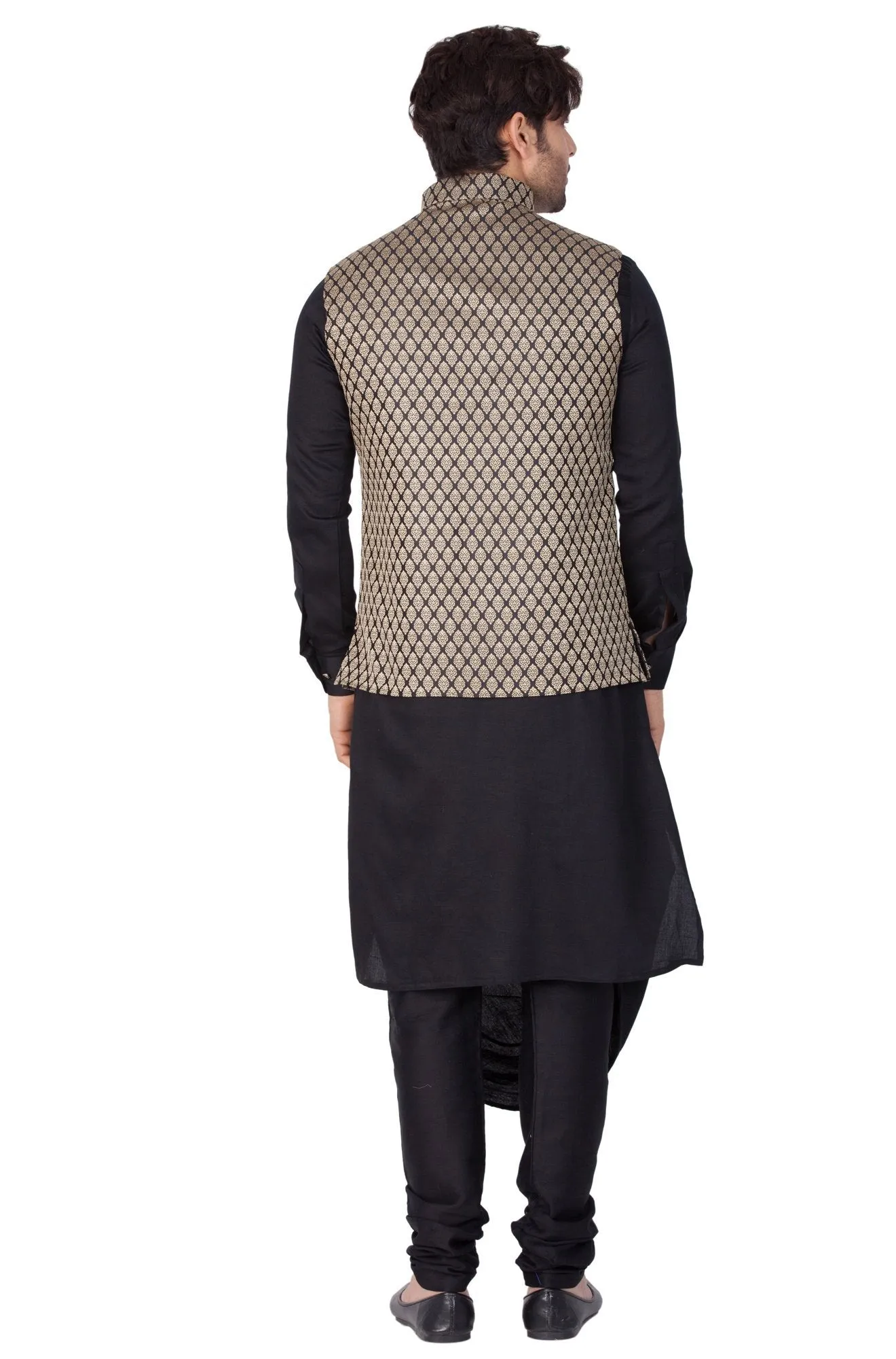 Jashvi Men's Black Cotton Silk Blend Kurta, Ethnic Jacket and Churidar Set