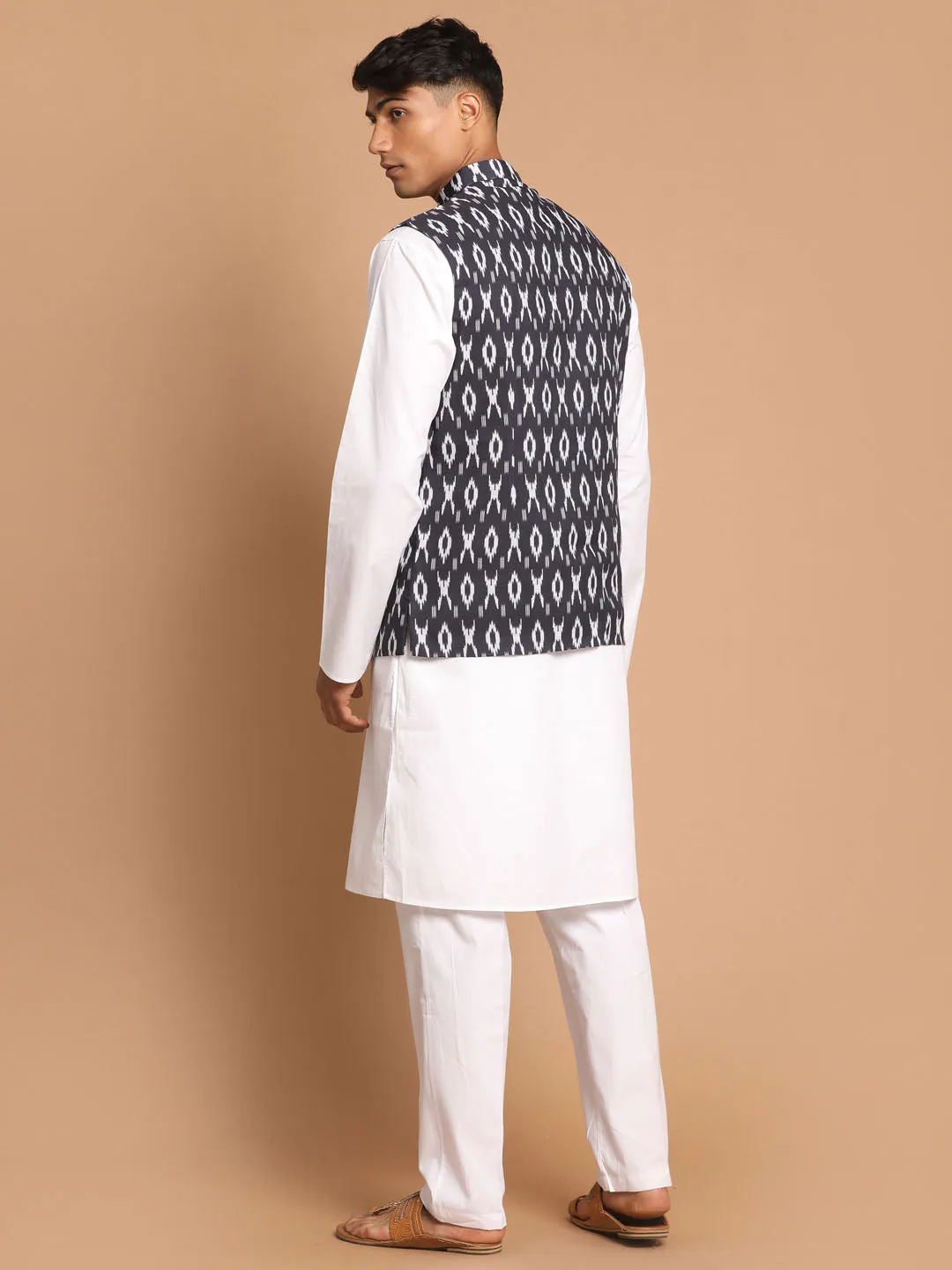 Jashvi Men's Black Ikkat Printed Cotton Nehru Jacket With White Kurta And Pyjama Set