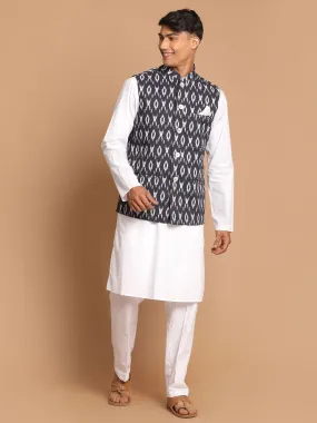 Jashvi Men's Black Ikkat Printed Cotton Nehru Jacket With White Kurta And Pyjama Set