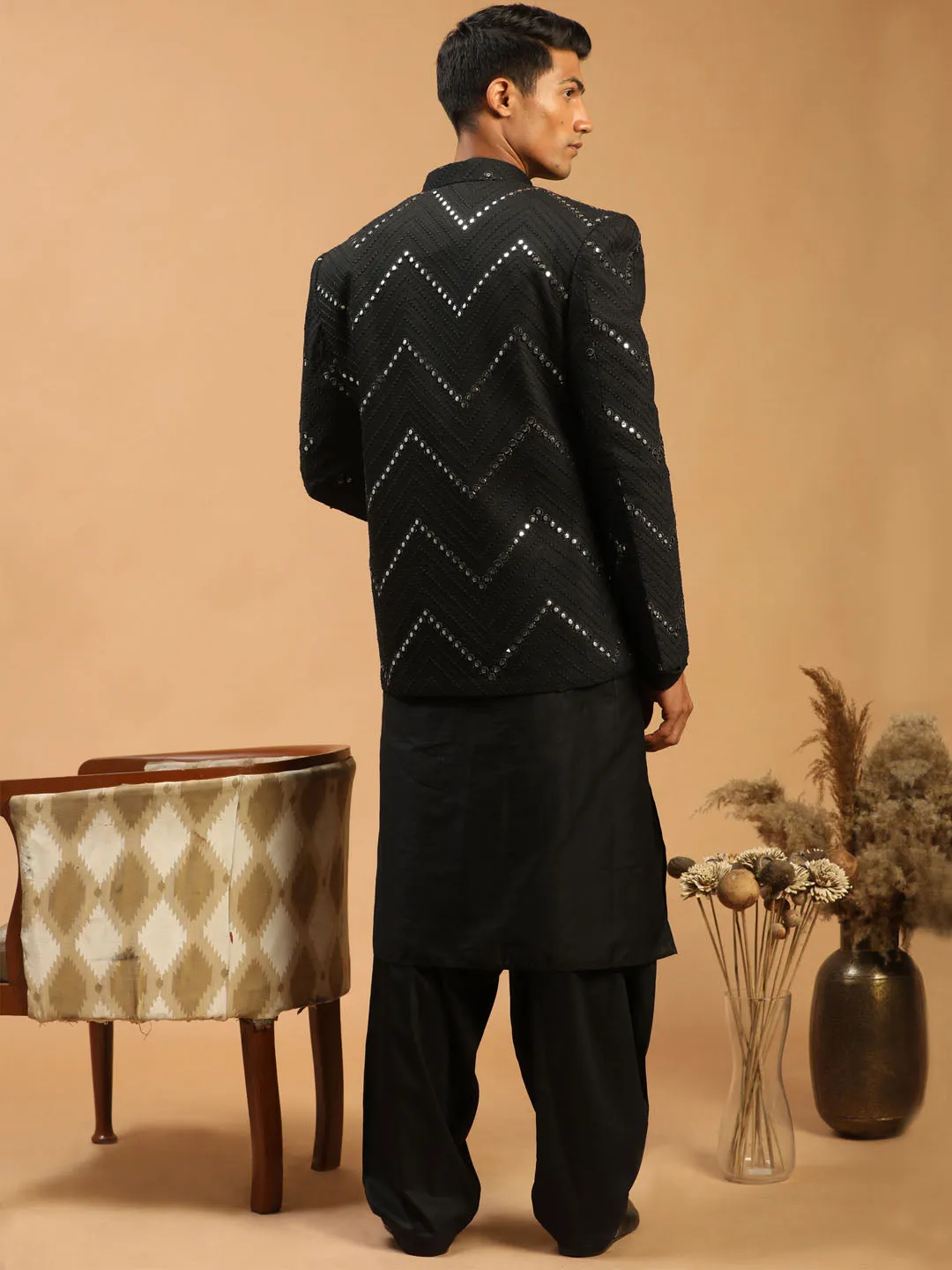 Jashvi Men's Black Mirror Jodhpuri With Kurta Patiala And Dupatta Set