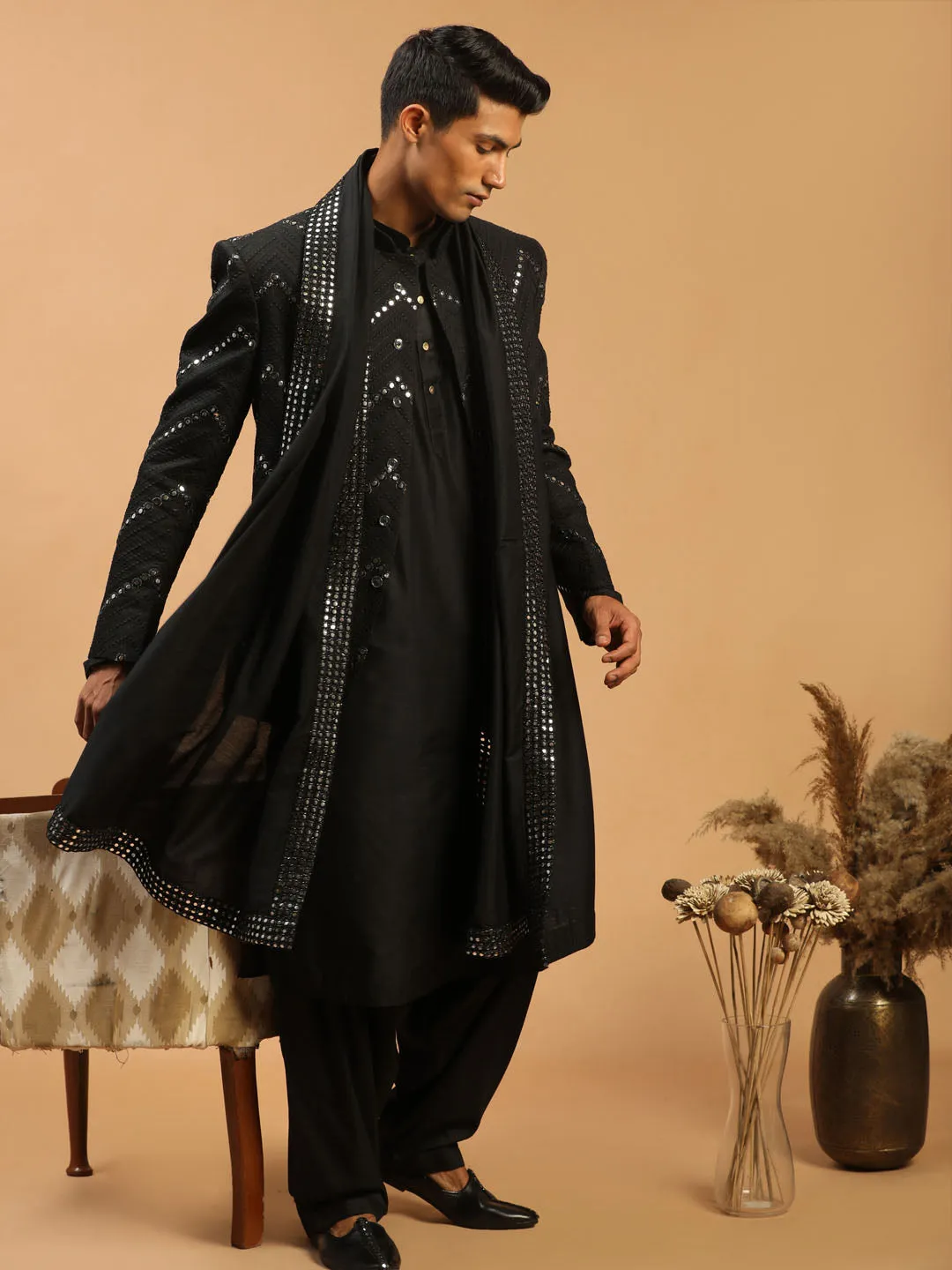 Jashvi Men's Black Mirror Jodhpuri With Kurta Patiala And Dupatta Set