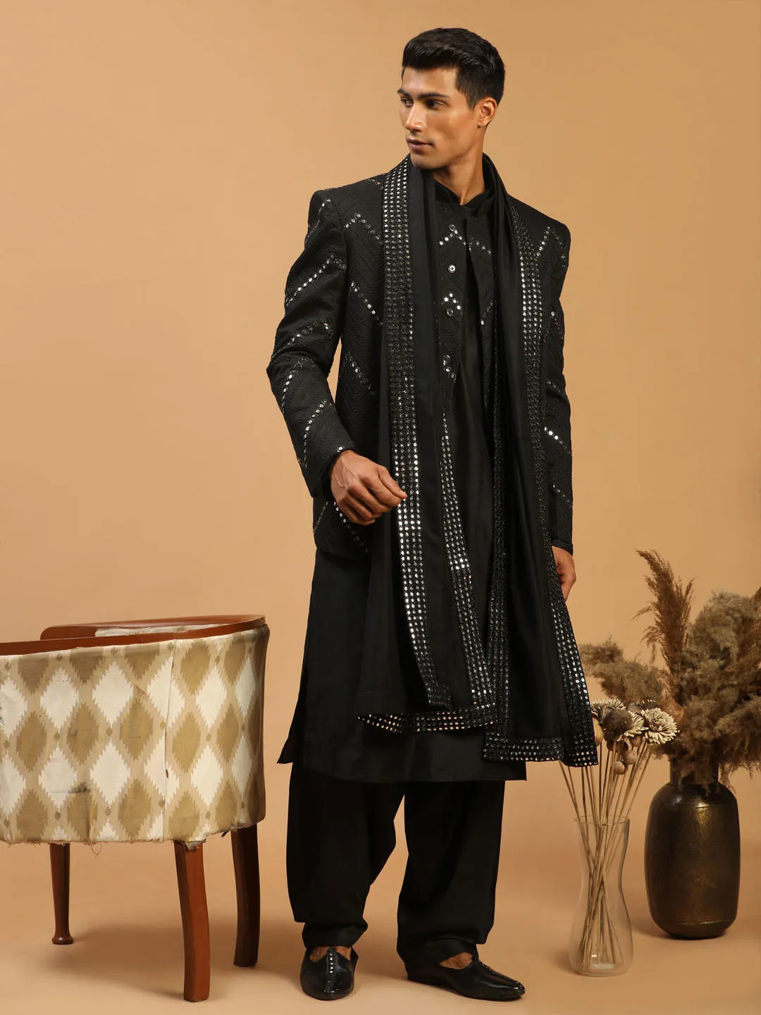 Jashvi Men's Black Mirror Jodhpuri With Kurta Patiala And Dupatta Set