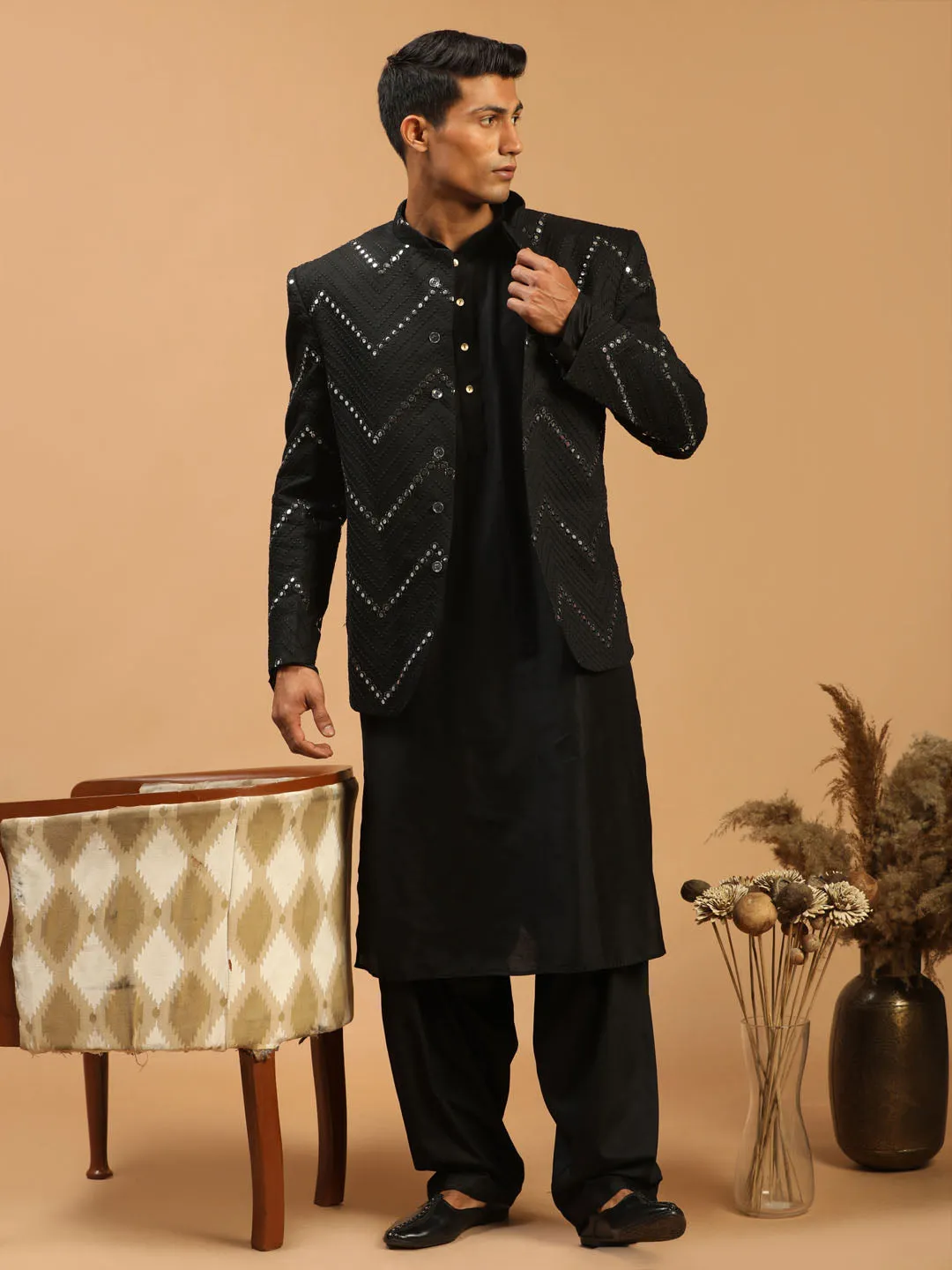 Jashvi Men's Black Mirror Jodhpuri With kurta Patiala Set