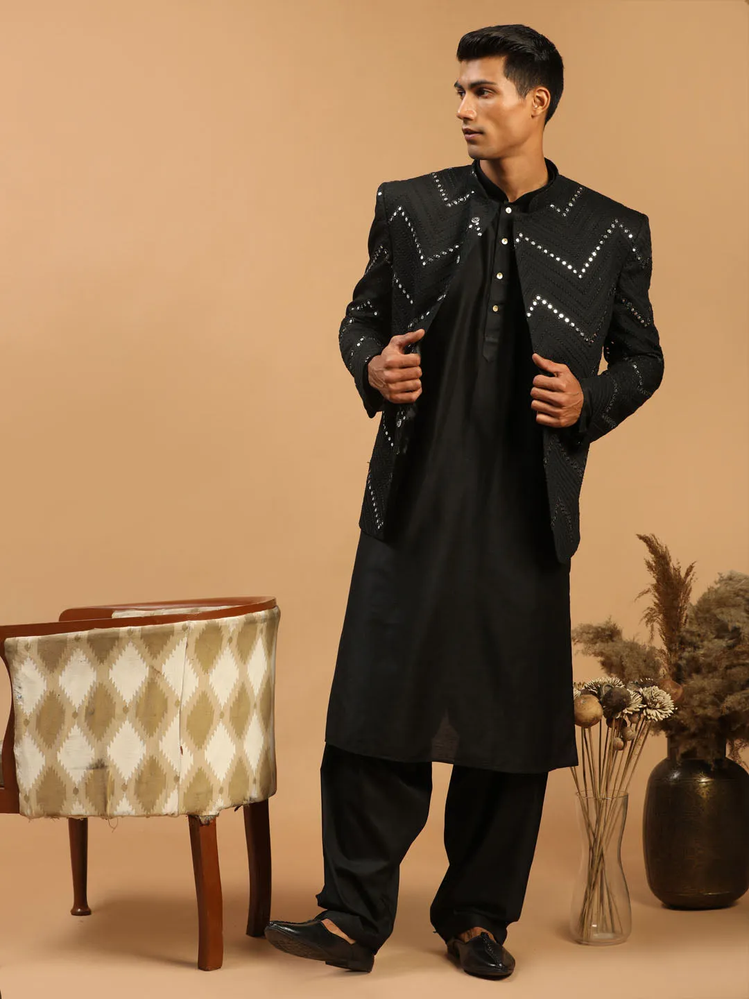 Jashvi Men's Black Mirror Jodhpuri With kurta Patiala Set