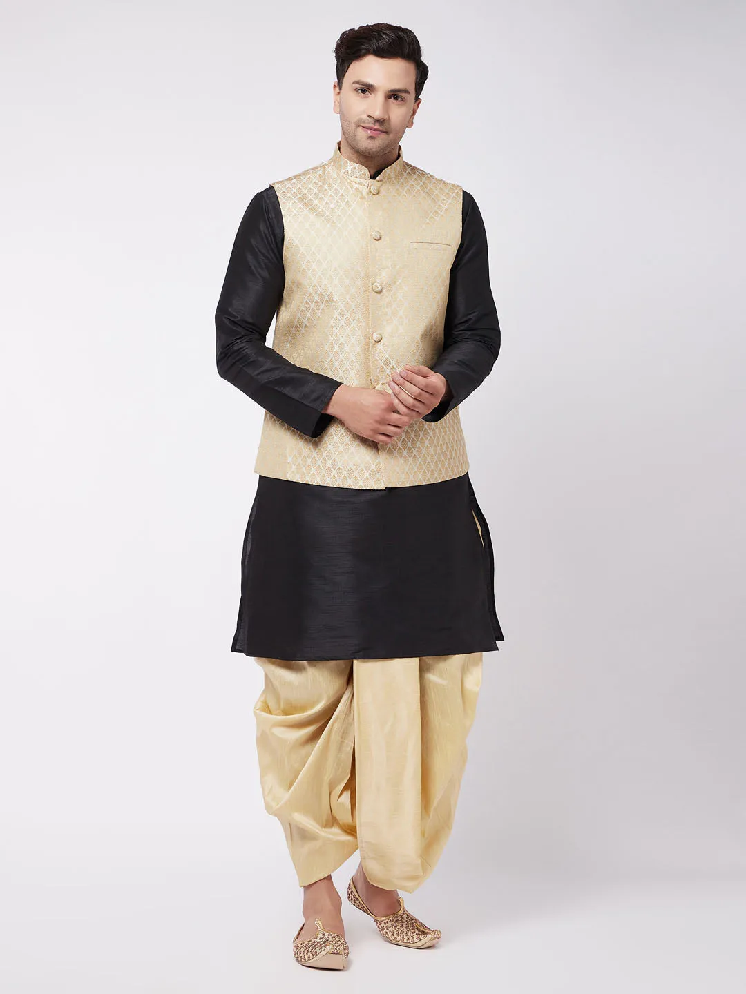 Jashvi Men's Black Silk Blend Jacket With Kurta Dhoti Set