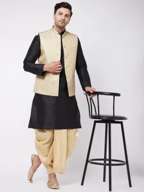 Jashvi Men's Black Silk Blend Jacket With Kurta Dhoti Set