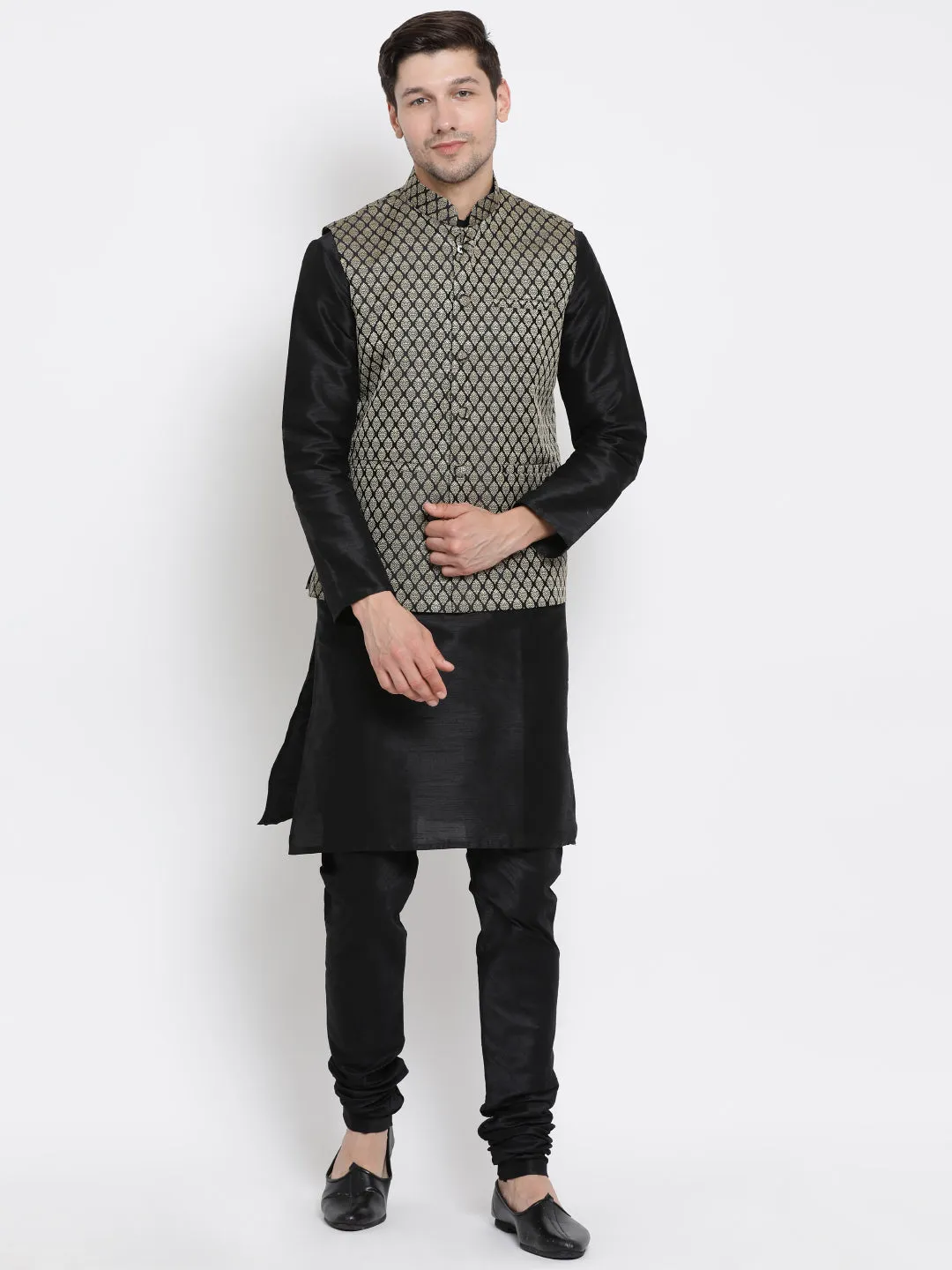 Jashvi Men's Black Silk Blend Jacket with Kurta Pyjama Set