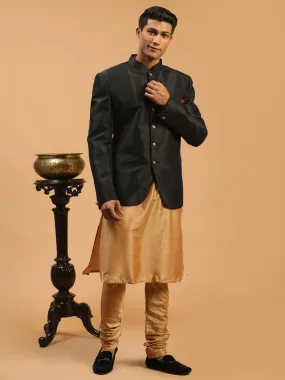 Jashvi  Men's Black Silk Blend Jodhpuri With Rose Gold Viscose Kurta Pyjama Set