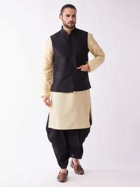 Jashvi Men's Black Solid Jacket With Gold And Black Silk Kurta and Dhoti Set