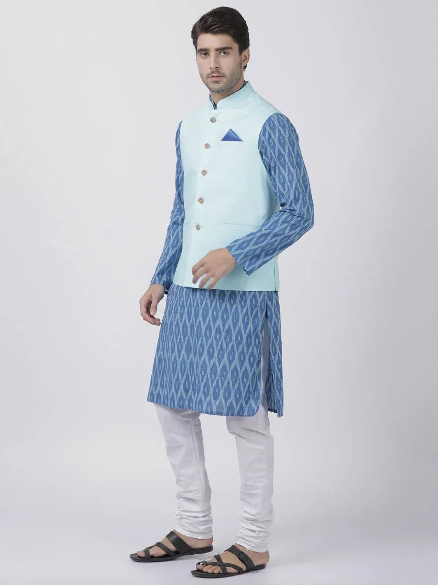 Jashvi Men's Blue Cotton Blend Kurta, Light Blue Ethnic Jacket and Pyjama Set