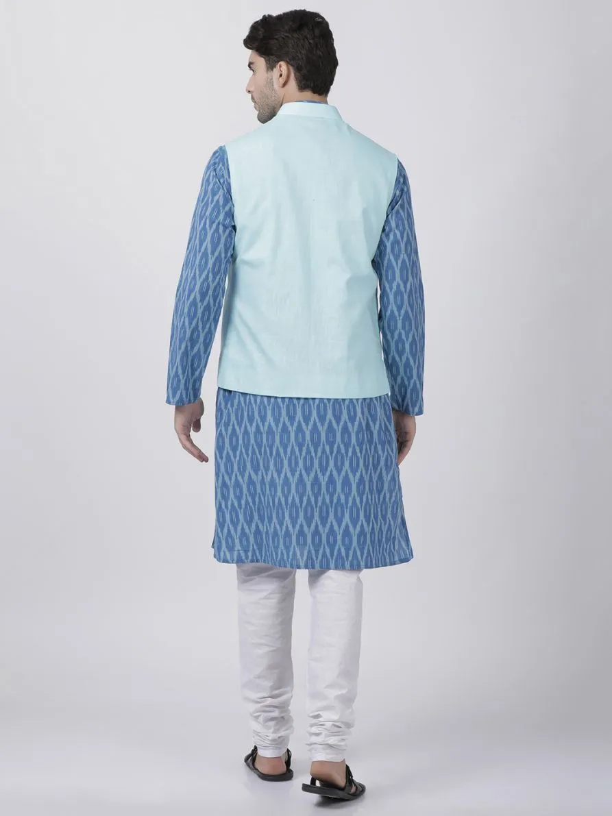 Jashvi Men's Blue Cotton Blend Kurta, Light Blue Ethnic Jacket and Pyjama Set