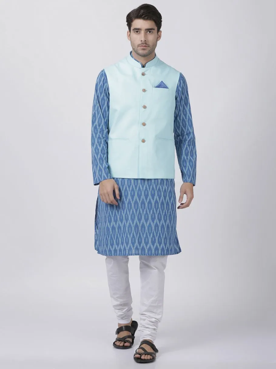 Jashvi Men's Blue Cotton Blend Kurta, Light Blue Ethnic Jacket and Pyjama Set