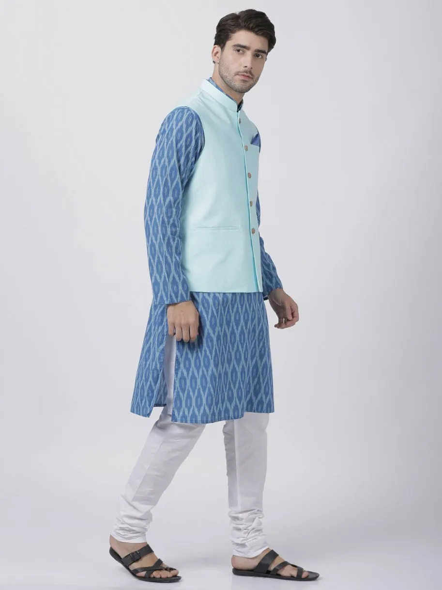 Jashvi Men's Blue Cotton Blend Kurta, Light Blue Ethnic Jacket and Pyjama Set