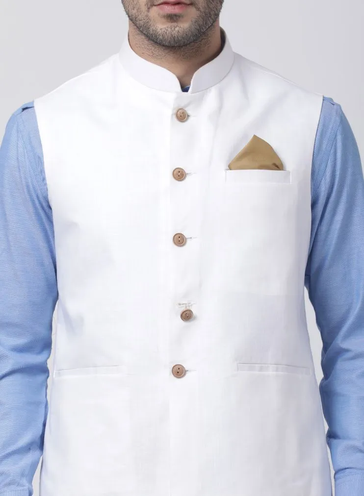 Jashvi Men's Blue Cotton Blend Kurta, White Ethnic Jacket and Dhoti Pant Set