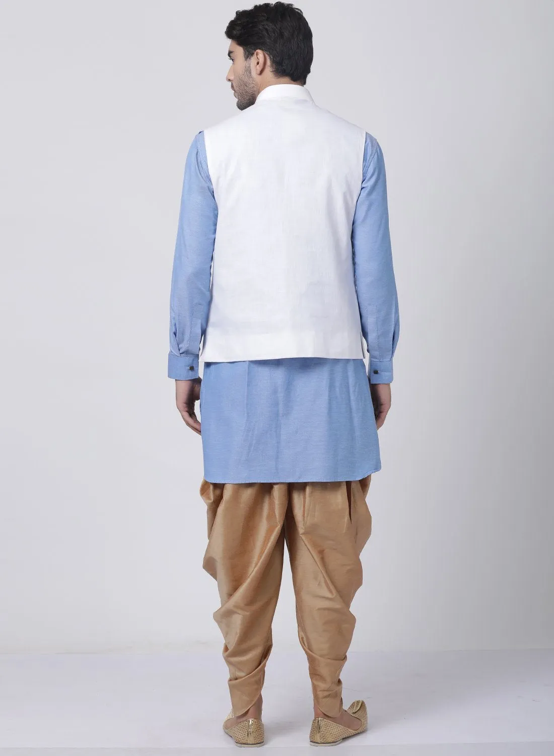 Jashvi Men's Blue Cotton Blend Kurta, White Ethnic Jacket and Dhoti Pant Set