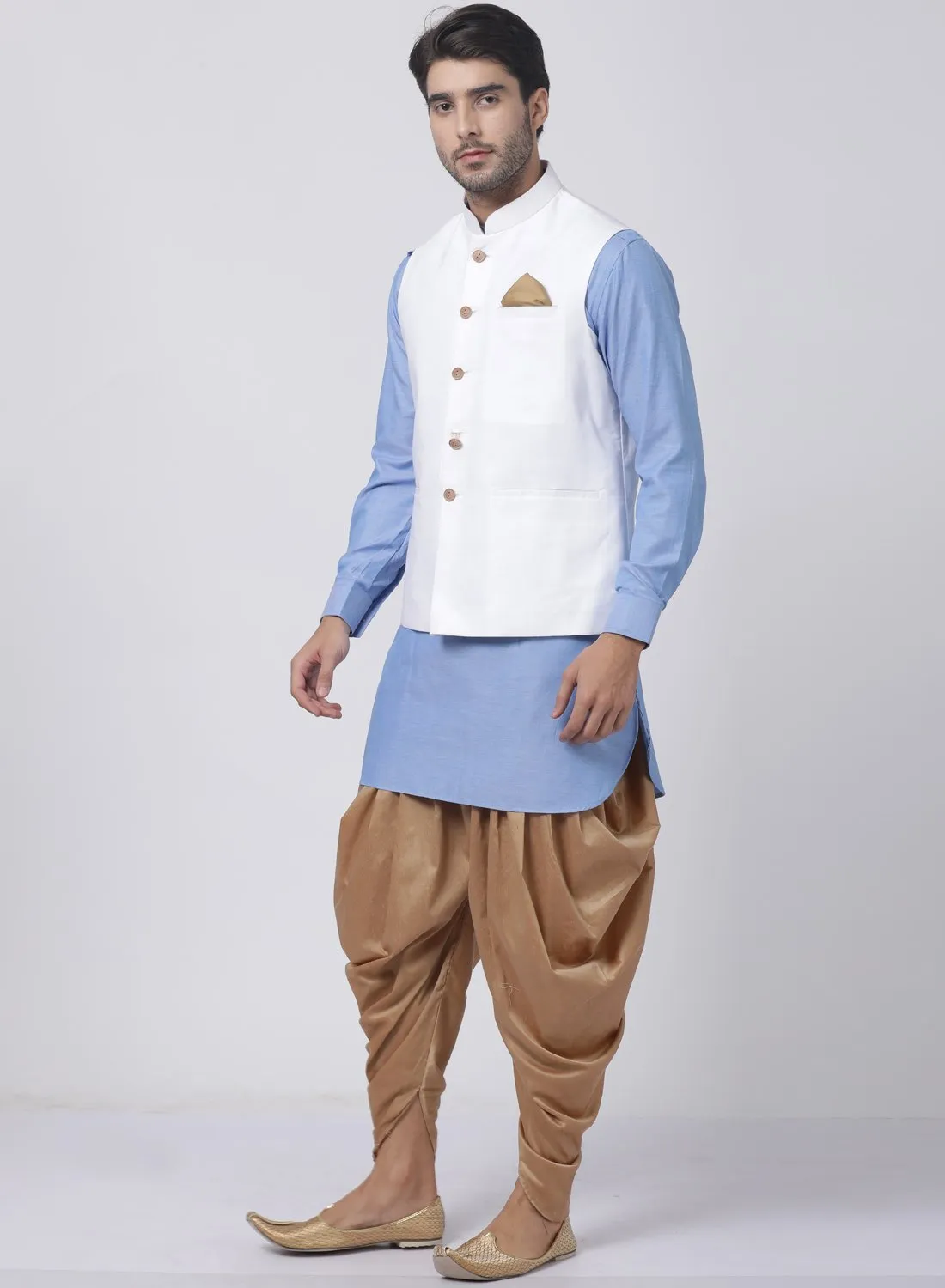 Jashvi Men's Blue Cotton Blend Kurta, White Ethnic Jacket and Dhoti Pant Set