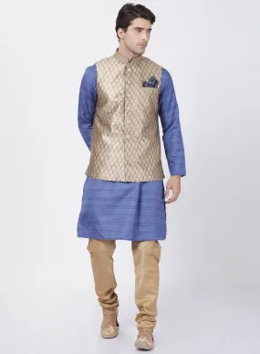 Jashvi Men's Blue Cotton Silk Blend Kurta, Ethnic Jacket and Pyjama Set