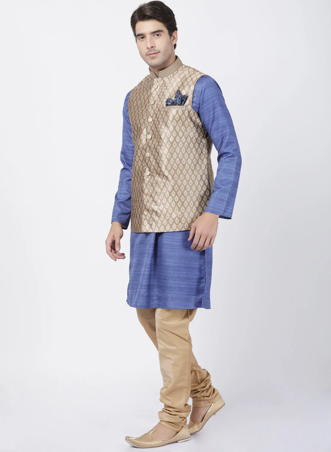 Jashvi Men's Blue Cotton Silk Blend Kurta, Ethnic Jacket and Pyjama Set