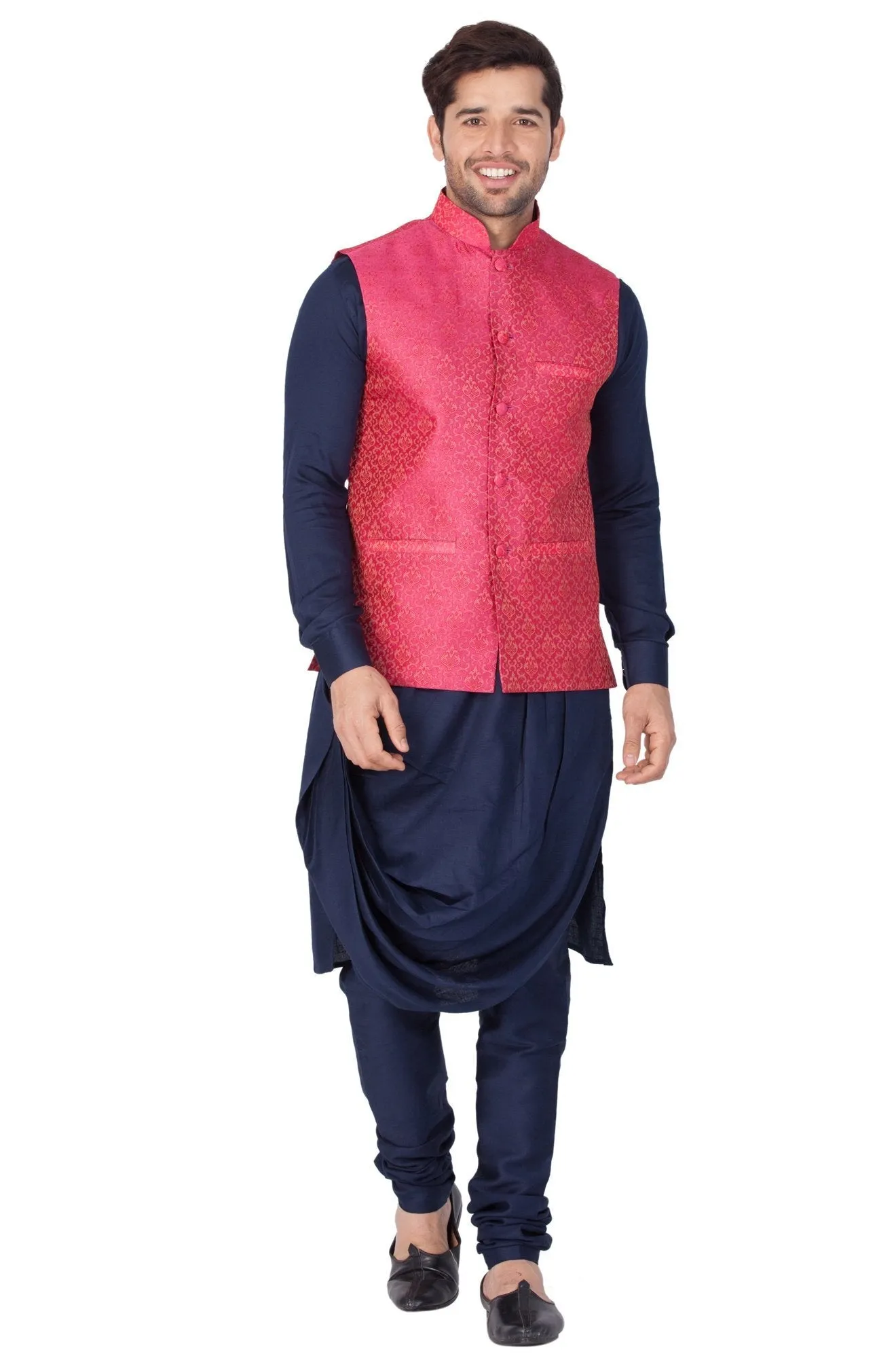 Jashvi Men's Blue Cotton Silk Blend Kurta, Pink Ethnic Jacket and Pyjama Set