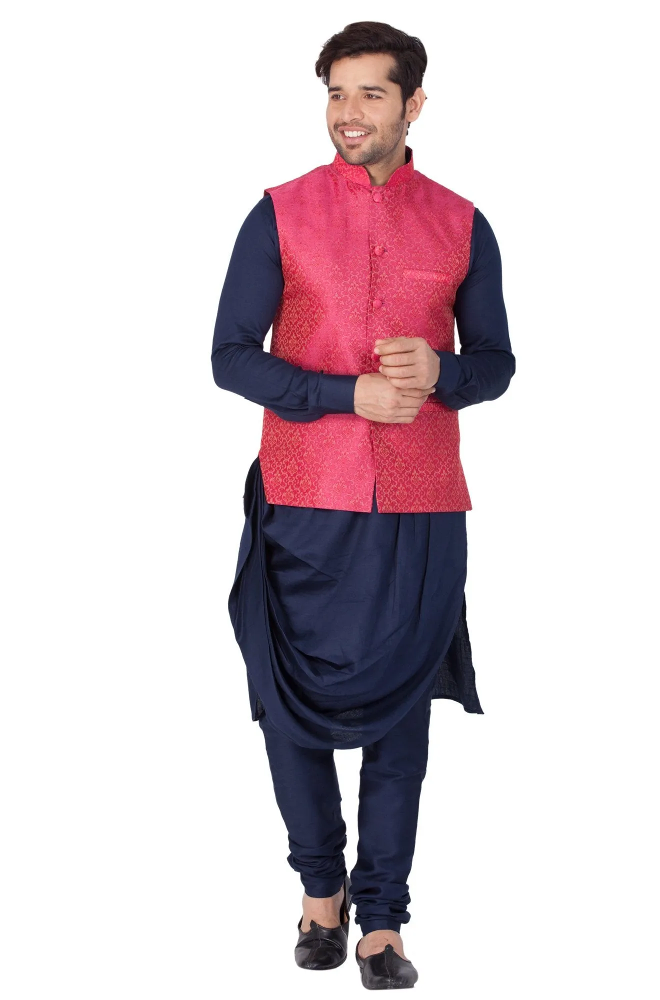 Jashvi Men's Blue Cotton Silk Blend Kurta, Pink Ethnic Jacket and Pyjama Set