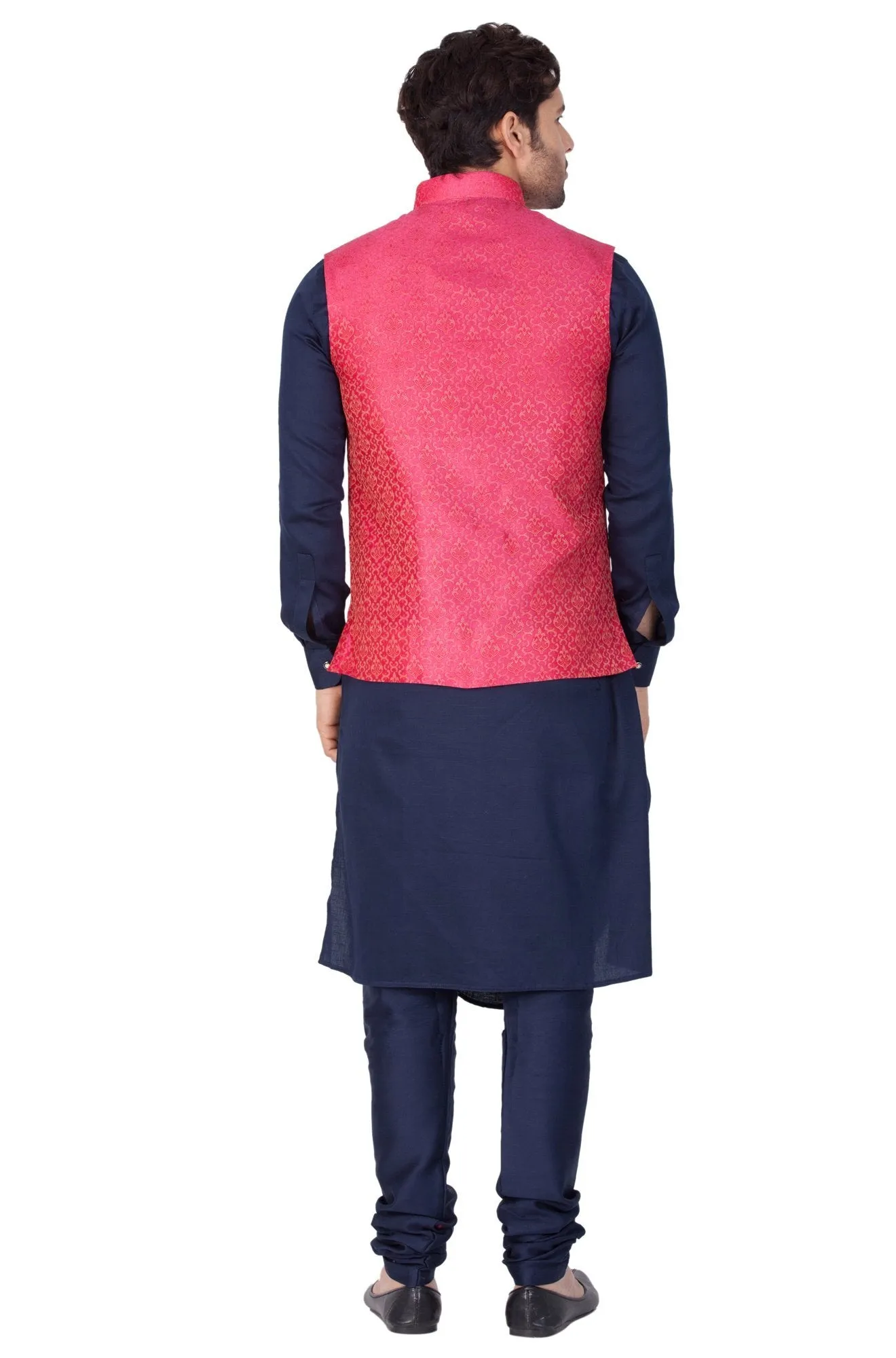 Jashvi Men's Blue Cotton Silk Blend Kurta, Pink Ethnic Jacket and Pyjama Set