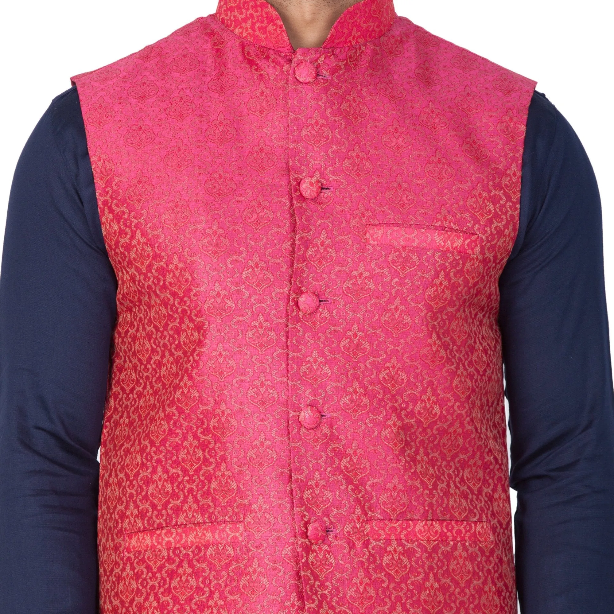 Jashvi Men's Blue Cotton Silk Blend Kurta, Pink Ethnic Jacket and Pyjama Set