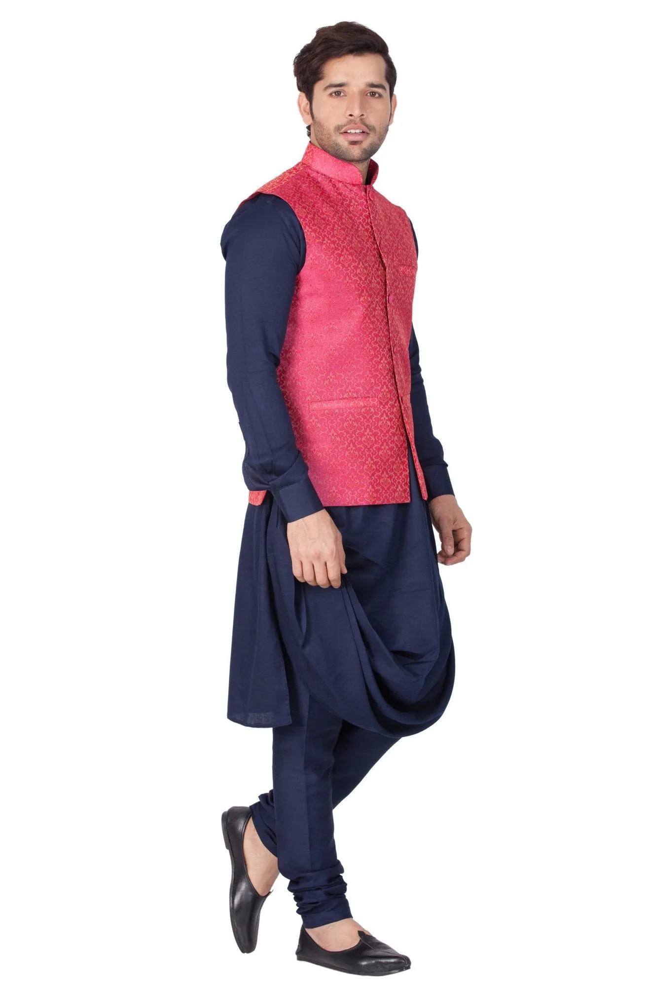 Jashvi Men's Blue Cotton Silk Blend Kurta, Pink Ethnic Jacket and Pyjama Set