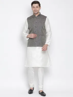 Jashvi Men's Blue Silk Blend Jacket With Kurta Pyjama Set