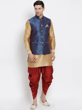 Jashvi Men's Blue Zari Weaved Jacket With Kurta Dhoti Set