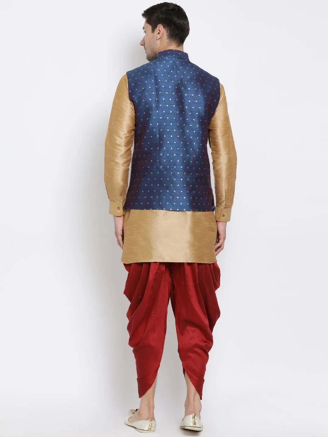 Jashvi Men's Blue Zari Weaved Jacket With Kurta Dhoti Set