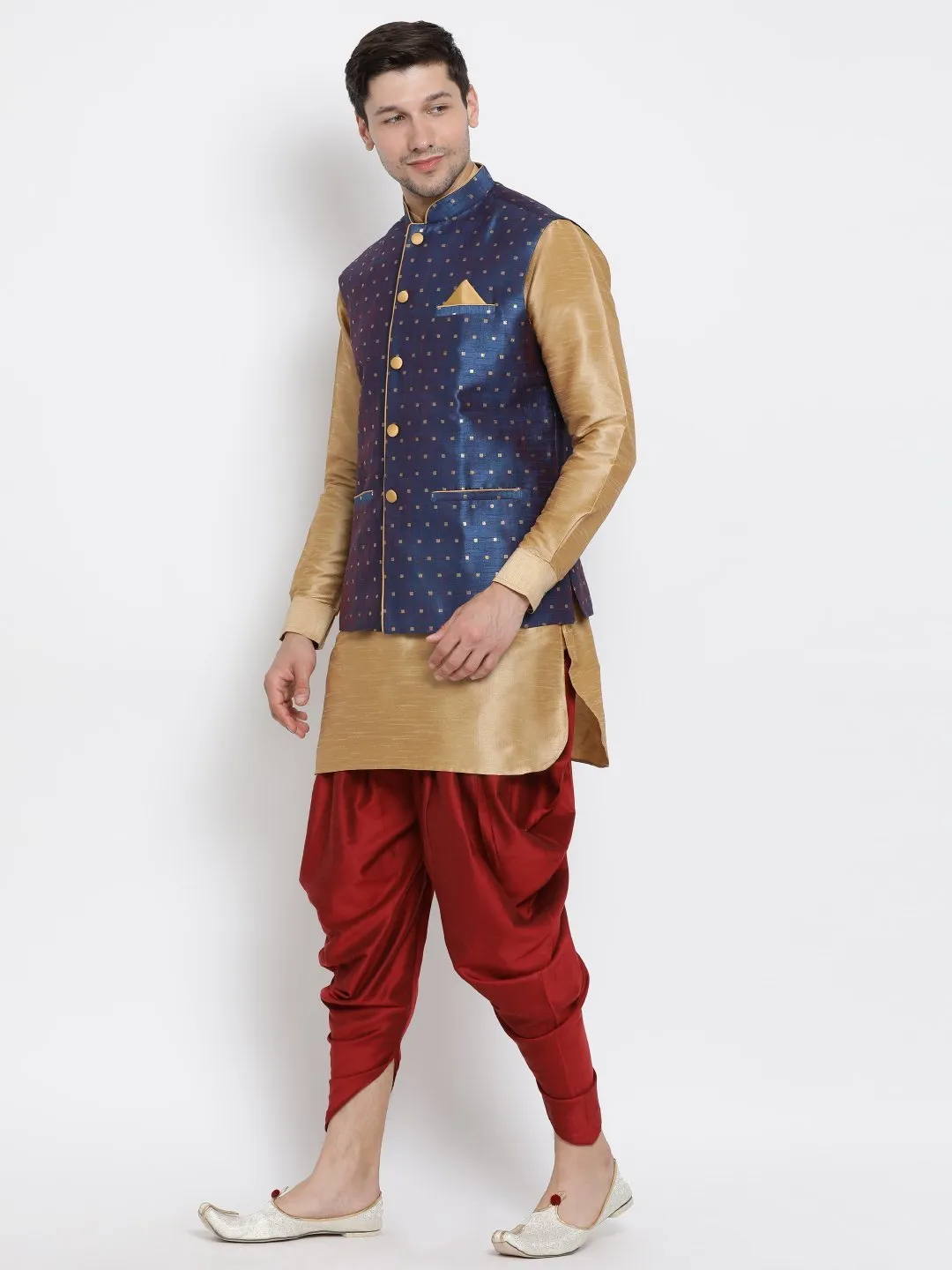 Jashvi Men's Blue Zari Weaved Jacket With Kurta Dhoti Set