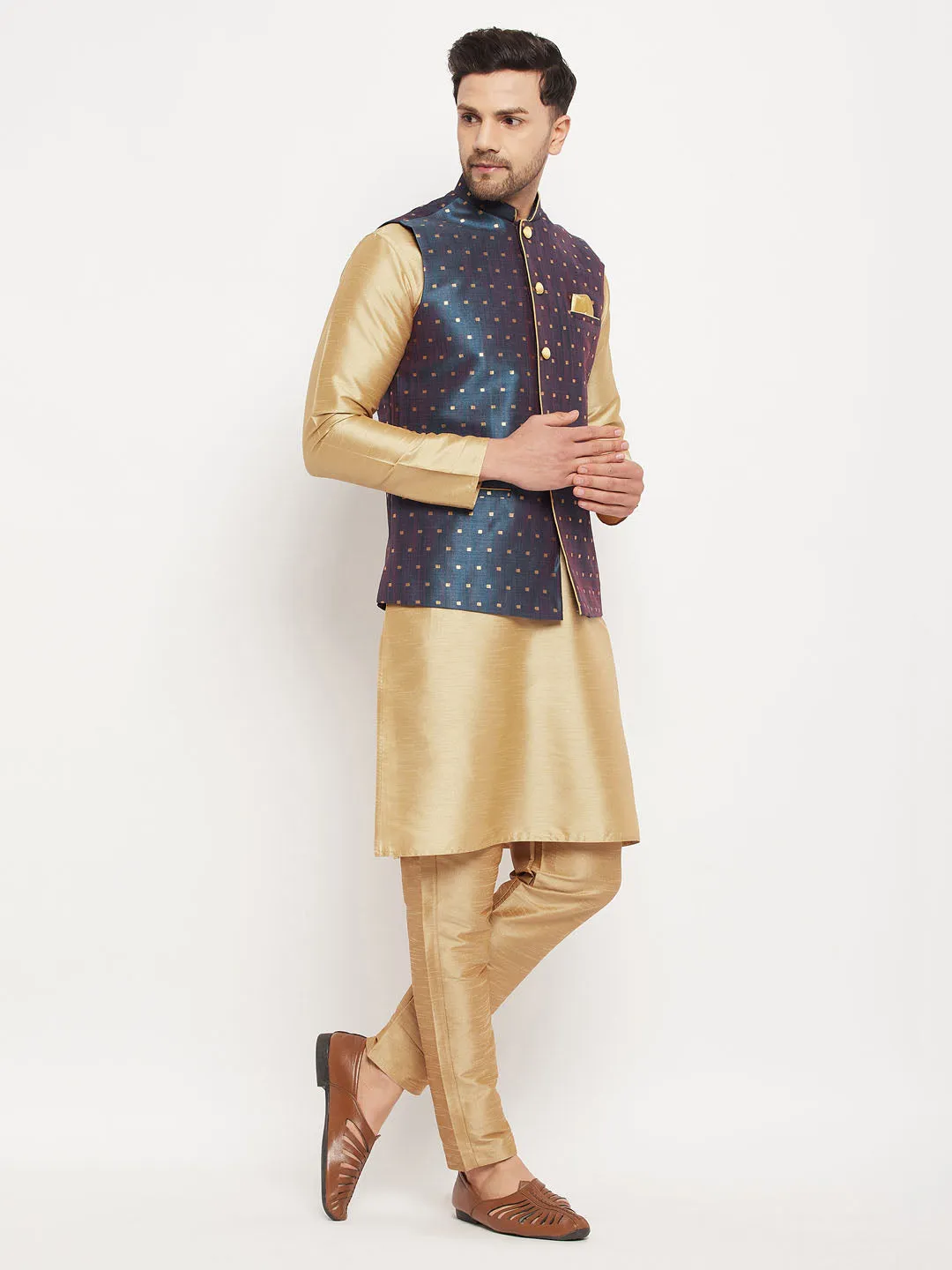 Jashvi Men's Blue Zari Weaved Jacket With Kurta Pant Set