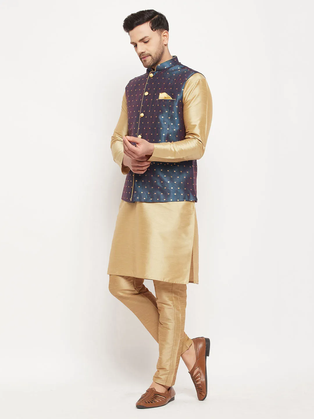 Jashvi Men's Blue Zari Weaved Jacket With Kurta Pant Set