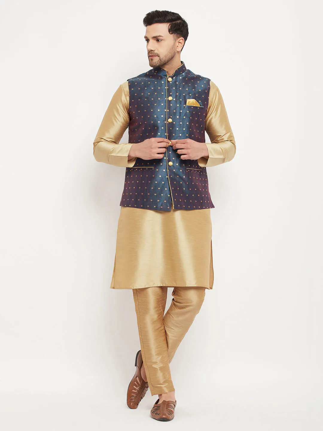 Jashvi Men's Blue Zari Weaved Jacket With Kurta Pant Set