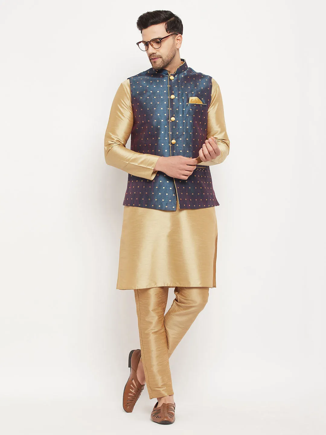 Jashvi Men's Blue Zari Weaved Jacket With Kurta Pant Set